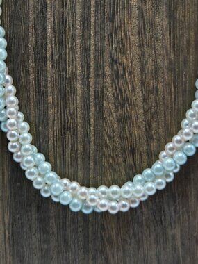 70's Faux Pearl Beaded Necklace Triple Strand Pale Pink Blue Cream Statement VTG